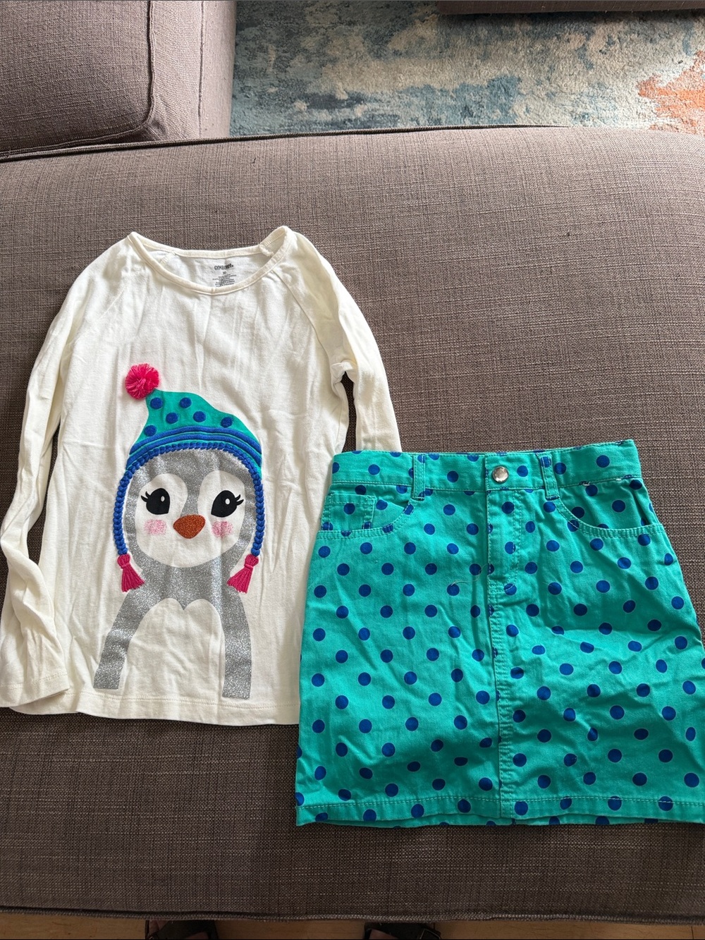 Gymboree Cream Penguin Long-Sleeve Top with Teal Polka Dot Skirt